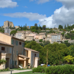 Slide View from Le Hameau des Sources over the village of Montbrun-les-Bains in Drôme Provençale