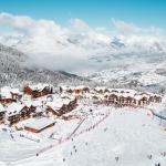 Slide View of Les Orres 1800 resort in the mountains in winter