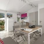 Slide Bermudes mobile home facilities with living area and kitchen at Camping Lacasa in Calcatoggio