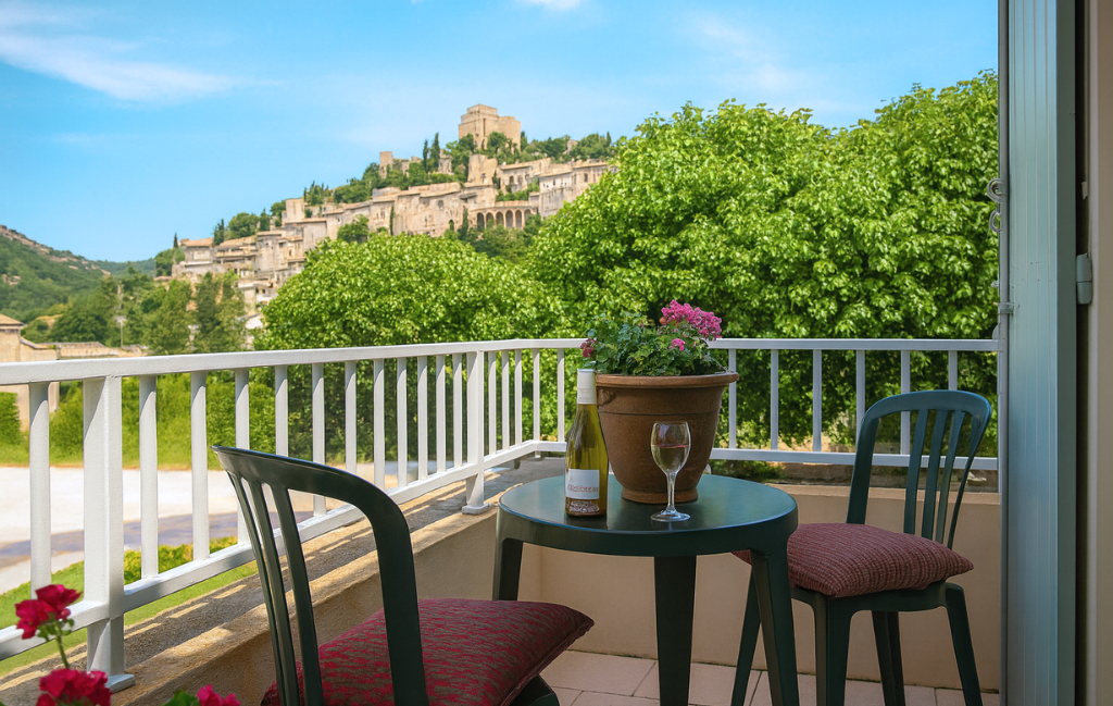 Slide Glass terrace at Le Hameau des Sources in Montbrun-les-Bains with a view of the village