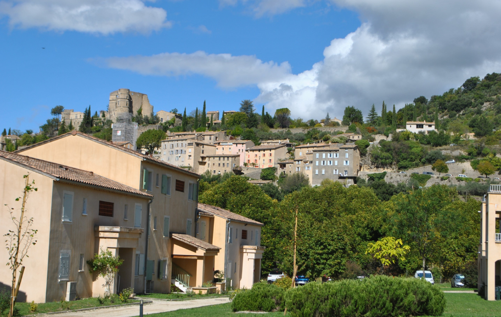 Slide View from Le Hameau des Sources over the village of Montbrun-les-Bains in Drôme Provençale
