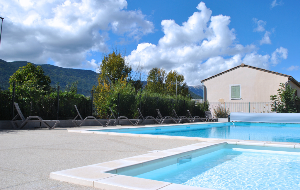 Slide View from Le Hameau des Sources over the village of Montbrun-les-Bains in Drôme Provençale