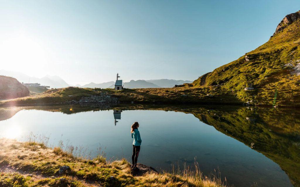 Slide Water feature at La Tania Courchevel resort in summer under the sunset
