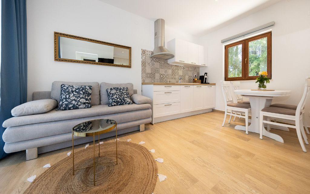 Slide Living room and fully equipped kitchen area at the Sveta Ana Lodges cottages in Croatia
