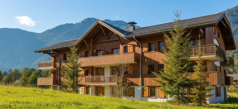 Résidence Les Fermes de Samoëns en été avec façade en bois et vue sur les montagnes