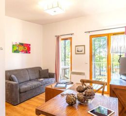 Salon intérieur d’un cottage au Valjoly avec canapé, coin repas en bois, télévision et baie vitrée ouvrant sur la terrasse