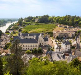 Vue aérienne de la résidence Le Clos Saint-Michel à Chinon, entourée de vignobles et du Val de Loire