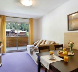 Salon T2 espace de vie dans la résidence Les Chalets du Verdon à la Foux d'Allos