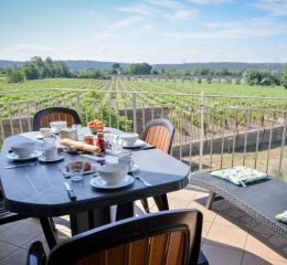 Balcony overlooking the vineyards surrounding the Château de Jouarres residence in Azille