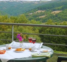 Terrasse avec salon de jardin et vue sur le campagne verdoyante