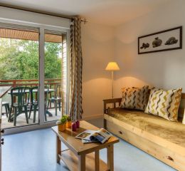 Living room with sofa bed, television and outdoor access in an apartment at Résidence Les Roches Douvres